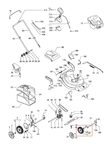 Zestaw części do kosiarki Husqvarna LC 351V, pokazujący elementy takie jak koło, uchwyt oraz silnik. Części w układzie technicznym na jasnym tle, z numerami identyfikacyjnymi. Widoczne detale mechaniczne, w tym mocowania i elementy konstrukcyjne.