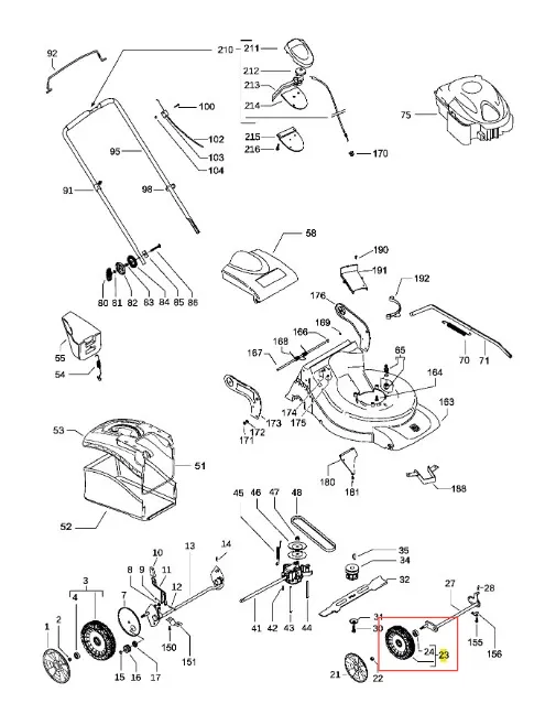 Zestaw części do kosiarki Husqvarna LC 351V, pokazujący elementy takie jak koło, uchwyt oraz silnik. Części w układzie technicznym na jasnym tle, z numerami identyfikacyjnymi. Widoczne detale mechaniczne, w tym mocowania i elementy konstrukcyjne.