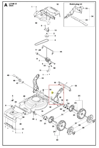 Czarny metalowy lewy wspornik uchwytu kosiarki Husqvarna LC 348VI, z widocznymi mocowaniami i numerami części, na białym tle, pokazujący zastosowanie w kosiarkach Husqvarna.