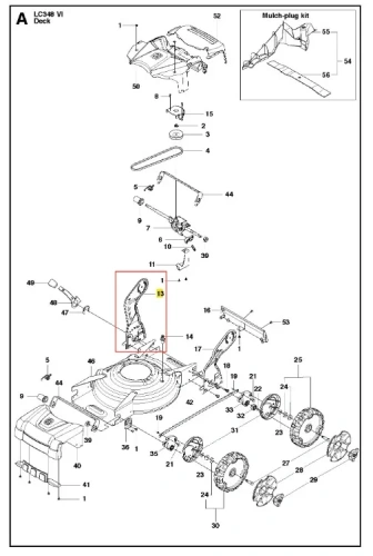 Wspornik uchwytu prawy kosiarki LC 348VI Husqvarna, metalowy, w kolorze czarnym, z wyprofilowanym kształtem. Ujęcie z boku, z widocznymi otworami montażowymi. Element przeznaczony do mocowania uchwytu kosiarki. Tło jasne, uproszczone.