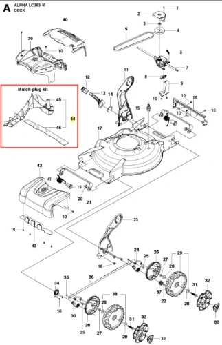 Zestaw mulczujący do kosiarki LC 353VI Husqvarna: czarna, plastikowa wtyczka prostokątna z wypustkami, widok boczny, z oznaczeniami montażowymi.