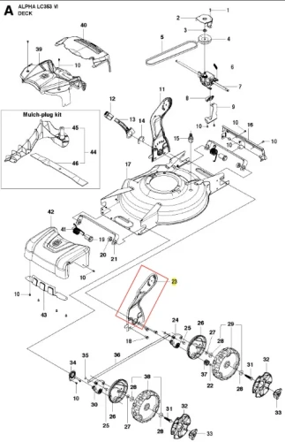 Wspornik uchwytu kosiarki LC 353VI Husqvarna w kolorze szarym, metalowy, o prostym, ergonomicznym kształcie, widoczny z boku. Element przeznaczony do mocowania uchwytu, z wyraźnymi otworami montażowymi oraz oznaczeniami. Na tle białym.