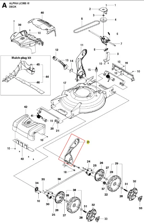 Wspornik uchwytu kosiarki LC 353VI Husqvarna w kolorze szarym, metalowy, o prostym, ergonomicznym kształcie, widoczny z boku. Element przeznaczony do mocowania uchwytu, z wyraźnymi otworami montażowymi oraz oznaczeniami. Na tle białym.