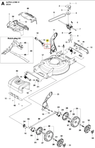 Podkładka zabezpieczająca do kosiarki Husqvarna LC 353VI, w kolorze szarym, wykonana z solidnego materiału. Widoczny element z numerem 13, zamontowany w centralnej części pokrywy. Przedstawiona w perspektywie z góry, na białym tle.