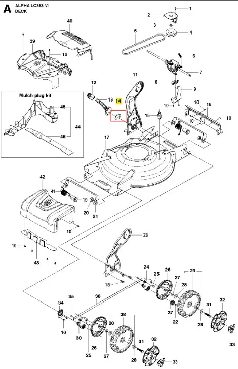 Podkładka zabezpieczająca do kosiarki Husqvarna LC 353VI, w kolorze szarym, wykonana z solidnego materiału. Widoczny element z numerem 13, zamontowany w centralnej części pokrywy. Przedstawiona w perspektywie z góry, na białym tle.