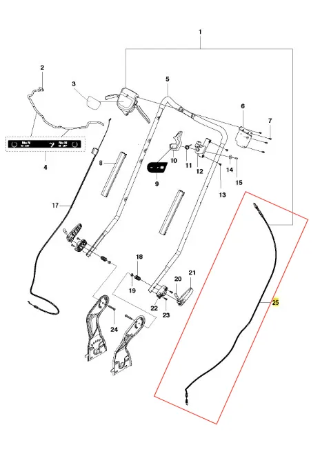 Przewód kosiarki LC 353VI Husqvarna w kolorze czarnym, elastyczny, o gładkiej fakturze, widoczny w ujęciu z boku. W zestawie z elementami mocującymi, zakrzywionymi kształtami. Tło jest białe, co ułatwia identyfikację detali.