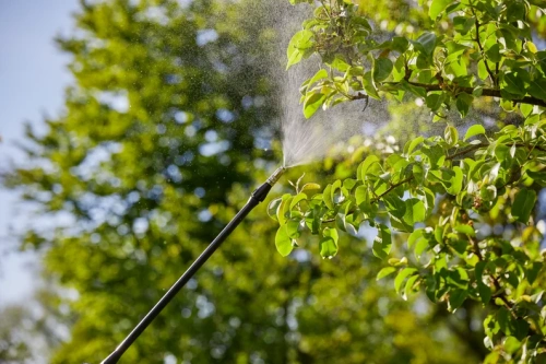 Opryskiwacz plecakowy Gardena 12L zbliżenie na końcówkę rozpylającą mgiełkę na liście drzew, tło z rozmytymi drzewami, naturalne oświetlenie.