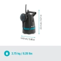 Pompa zanurzeniowa Gardena 8600 w kolorze czarnym z niebieskimi akcentami, o wymiarach 23,4 cm wysokości i 14,9 cm szerokości. Ujęcie z boku, na jednolitym tle. Uchwyty do przenoszenia oraz widoczny kabel zasilający. Waga 3,75 kg.