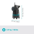 Czarna pompa zanurzeniowa Gardena 9200 Basic do brudnej wody z niebieskimi akcentami, wysokość 25,7 cm, średnica 15,1 cm, pionowa, z uchwytem na górze i widocznym wirnikiem, na białym tle.