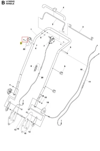 Śruba kosiarki LC 353VE Husqvarna, metalowa, w kolorze srebrnym, z gwintem i łbem sześciokątnym. Widoczna z boku, leżąca na białym tle. Używana do mocowania uchwytu kosiarki. Zbliżenie na szczegóły gwintu i kształtu łba.