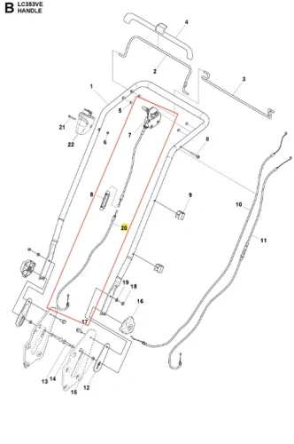 Szczegółowy schemat uchwytu do kosiarki LC 353VE Husqvarna, widok z góry, przedstawiający poszczególne elementy, takie jak przewody, mocowania oraz oznaczenia. Wymiary i kształt uchwytu są widoczne, a tło jest proste (biały).