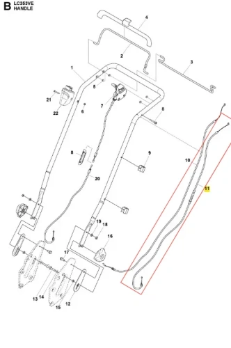 Wzmacniana, elastyczna linka napędu kosiarki Husqvarna LC 353VE w kształcie litery S, czarna, z mocowaniami na końcach, kluczowy element mechanizmu napędowego.