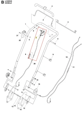 Regulator kosiarki LC 353VE Husqvarna, detal rączki. Przedstawia złożone elementy, w tym kabel i przyciski, na białym tle. Ukazany w odcieniu szaro-czarnym, z wyraźnymi oznaczeniami. Detal widoczny z boku, ukazuje mechanizm montażowy.