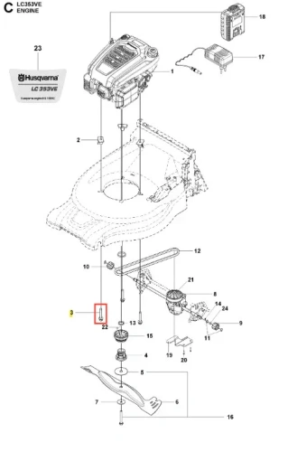 Śruba kosiarki LC 353VE Husqvarna, metalowa, z gwintem w dolnej części, z widocznym numerem 22. Przedstawiona w ujęciu wyższym, z białym tłem, z detalami mocowania. Idealna do zamocowania elementów kosiarki.
