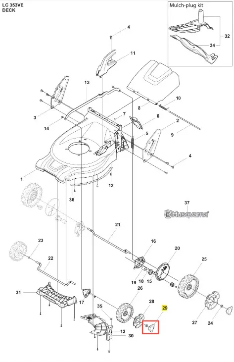 Nakrętka korka kosiarki LC 353VE Husqvarna, mały element z tworzywa sztucznego w kolorze czarnym. Widoczna z boku, z detalem gwintu. Idealna do mocowania korka w kosiarkach. Brak widocznych logo lub napisów.