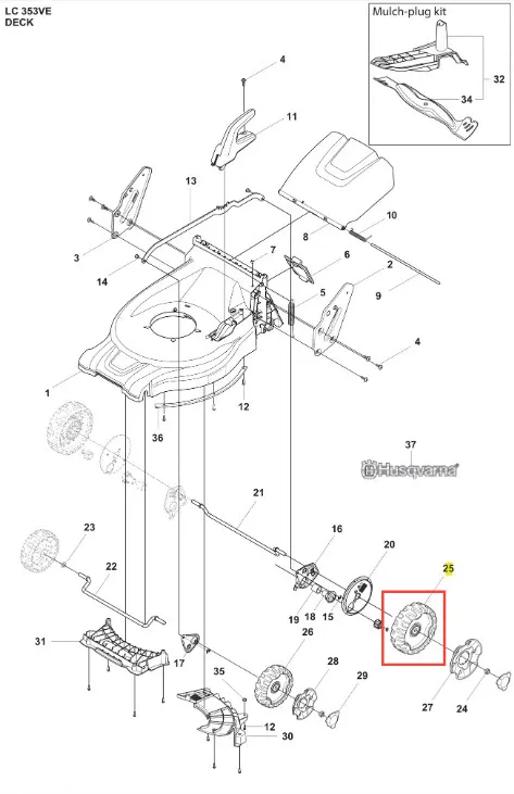 Koło kompletne 230 do kosiarki Husqvarna LC 353VE, przedstawione z boku w widoku eksplodowanym. Element ma okrągły kształt, wykonany z metalu, z jedną boczną szczeliną. Wszelkie detale w formie mocowań są wyraźne, a tło jest białe.