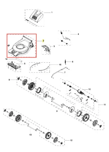 Podwozie kosiarki LC 142iS Husqvarna, widok z boku. Szare, plastikowe podwozie z okrągłym otworem w centrum, unoszącym się brzegiem. Widoczne mocowania oraz szczegóły konstrukcyjne. Elementy rozłożone na tle złożonym.