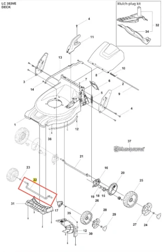 Oś koła kosiarki LC 353VE Husqvarna w kolorze metalicznym, z zaokrąglonym kształtem, zamocowana w pozycji poziomej. Widoczny detal: otwory mocujące. Produkt umieszczony na białym tle, w zbliżeniu, eksponując jego konstrukcję.