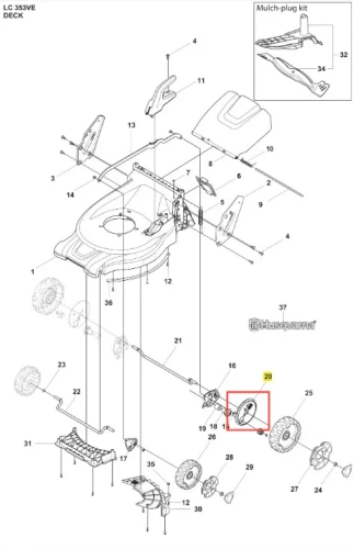 Czarna osłona kosiarki Husqvarna LC 353VE o aerodynamicznym kształcie, z otworami montażowymi i elementami mocującymi, wykonana z wytrzymałego plastiku chroniącego części wewnętrzne.