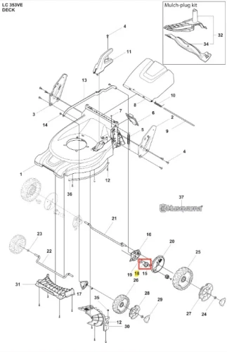 Tuleja kosiarki LC 353VE Husqvarna w kolorze czarnym, metalowa, o cylindrycznym kształcie. Widoczna na schemacie w pozycji prostej, z otworami na mocowanie. Część wyposażenia do kosiarki, z zaznaczeniem jej numeru na schemacie.