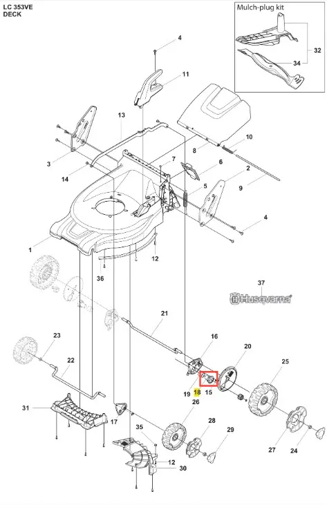 Tuleja kosiarki LC 353VE Husqvarna w kolorze czarnym, metalowa, o cylindrycznym kształcie. Widoczna na schemacie w pozycji prostej, z otworami na mocowanie. Część wyposażenia do kosiarki, z zaznaczeniem jej numeru na schemacie.
