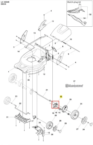 Ramię łącznika kosiarki LC 353VE Husqvarna, wykonane z metalu, o szarym kolorze. Element o prostokątnym kształcie, z widocznymi mocowaniami. Zbliżenie na detale konstrukcyjne, ukazujące elementy łączące. Produkt znajduje się na białym tle.