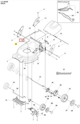 Trzonek kosiarki LC 353VE Husqvarna, częściowo widoczny z perspektywy bocznej. Element metalowy w kolorze jasnoszarym z ergonomicznie ukształtowanym uchwytem. Widoczne mocowania oraz logo Husqvarna. Części składowe rozłożone na białym tle.