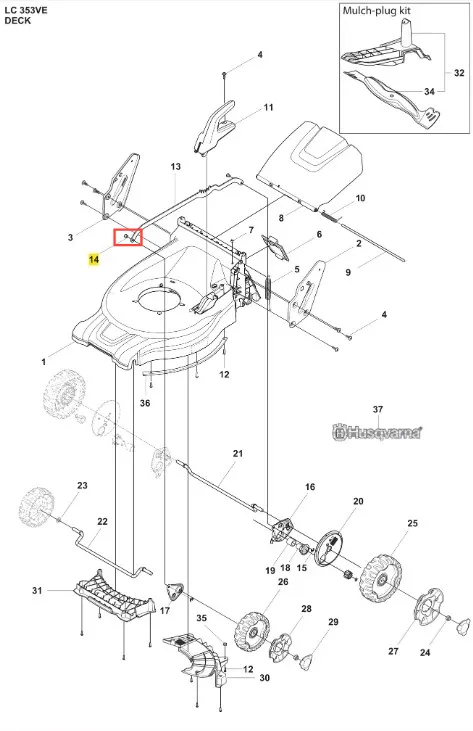 Trzonek kosiarki LC 353VE Husqvarna, częściowo widoczny z perspektywy bocznej. Element metalowy w kolorze jasnoszarym z ergonomicznie ukształtowanym uchwytem. Widoczne mocowania oraz logo Husqvarna. Części składowe rozłożone na białym tle.