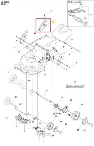 Uchwyt kosiarki Husqvarna LC 353VE, ciemnoszary, z tworzywa. Widok z boku z detalem mocowania, otworami na śruby i logo Husqvarna.