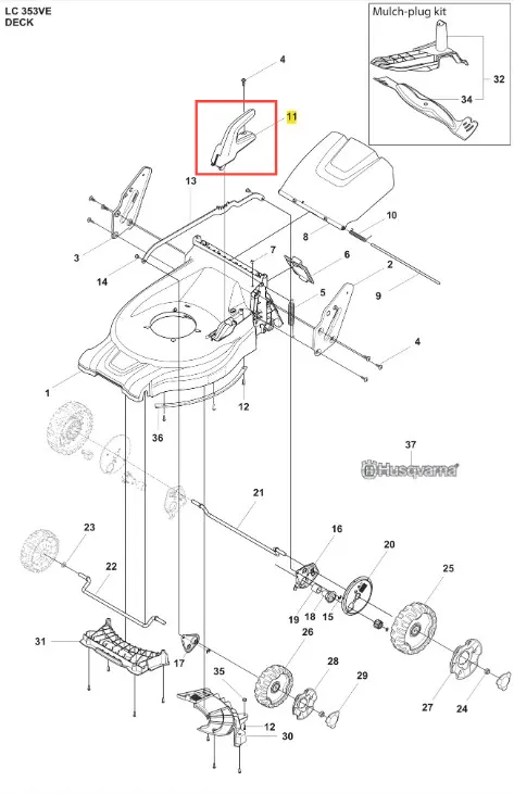 Uchwyt kosiarki Husqvarna LC 353VE, ciemnoszary, z tworzywa. Widok z boku z detalem mocowania, otworami na śruby i logo Husqvarna.