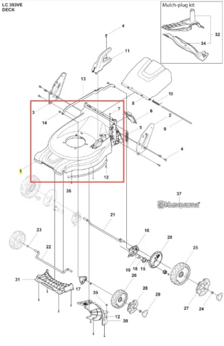 Podwozie kosiarki Husqvarna LC 353VE, 53 cm, szare. Widok z góry pokazuje kontury i otwór montażowy silnika, z wyraźnymi elementami montażowymi na białym tle dla łatwej identyfikacji.