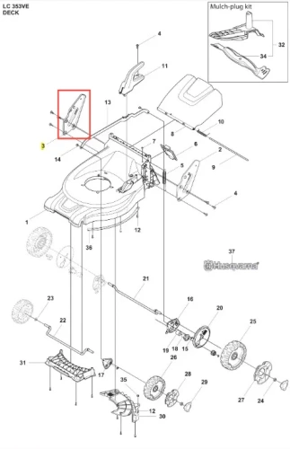 Prawy wspornik uchwytu do kosiarki Husqvarna LC 353VE, czarny, wydłużony, z otworami montażowymi, pokazany z boku na jednolitym tle, z detalicznym zbliżeniem konstrukcji i faktury.