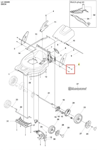 Śruba kosiarki LC 353VE Husqvarna, metalowa, w kolorze srebrnym, z widocznymi gwintami. Ujęcie frontalne, umieszczona na diagramie naprawy, otoczona innymi częściami kosiarki. Wymiary niewidoczne, brak dodatkowych detali.