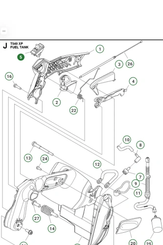Wyłącznik pilarki Husqvarna T540XP, T525XP z przezroczystym zbiornikiem paliwa i widocznymi detalami montażowymi, widok z boku na jasnym tle. Schemat montażu elementów w zestawie.