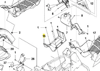 Osłona ridera RC318T Husqvarna, widok z przodu. Element z tworzywa sztucznego, w kolorze czarnym, z siateczką wentylacyjną na górze. W zestawie widoczne mocowania, numerowane elementy oraz szczegóły konstrukcyjne. Idealna do montażu w pojazdach.
