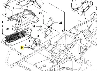 Osłona ridera RC318T Husqvarna, widoczna z boku, w formie rozłożonej. Wykonana z tworzywa sztucznego, ma perforowaną teksturę. Elementy mocujące są widoczne. Tło proste, białe, podkreślające szczegóły produktu.