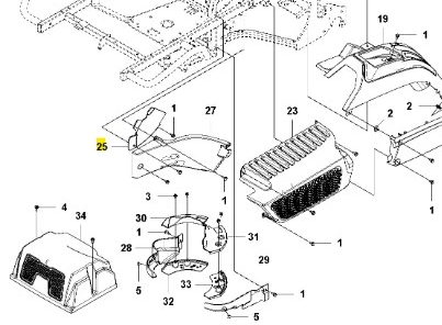 Osłona ridera RC318T Husqvarna, widoczna z góry, znajduje się w pozycji poziomej. Produkt ma czarną siatkową strukturę z wyraźnymi wypustkami. W zestawie widoczne są także elementy mocujące. Tło proste, ułatwiające odbiór detali.