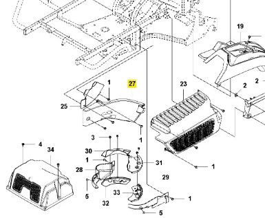 Osłona ridera RC318T Husqvarna, widać z boku. Produkt wykonany z czarnego plastiku, z teksturowaną powierzchnią. Widoczne otwory montażowe i wentylacyjne. Element montażowy o wymiarach odpowiednich do urządzenia, w komplecie z innymi częściami.