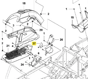 Płyta ochronna ridera RC318T Husqvarna, w kolorze czarnym, wykonana z wytrzymałego tworzywa. Zainstalowana w pozycji poziomej, widoczne detale mocowania. Obraz ukazuje również fragment ramy z zaznaczonym elementem, co sugeruje montaż w pojeździe.