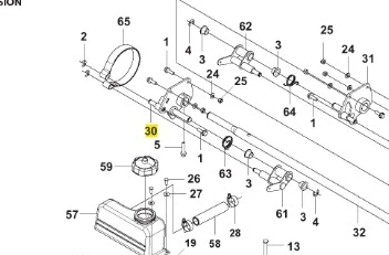 Zestaw części do ridera RC318T Husqvarna, przedstawiony z boku, z numeracją elementów. Widoczne akcesoria, w tym obudowa, wałki, śruby i inne mocowania. Elementy w kolorze szarym i czarnym, na białym tle, co ułatwia identyfikację.