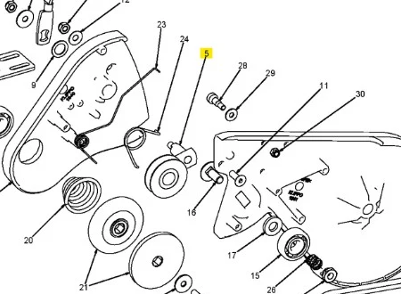 Koło pasowe kosiarki WB 53S Husqvarna, czarne z metalicznymi elementami i numerem części. Elementy montażowe i sprężyna na białym tle ułatwiają identyfikację detali.