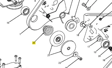 Sprężyna kosiarki WB 53S e Husqvarna, metalowa, okrągła, widoczna z boku. Kąt ujęcia z góry, ukazuje detale konstrukcyjne. Otoczenie to schemat montażowy kosiarki z oznaczeniami. Brak dodatkowych akcesoriów czy zdobień.