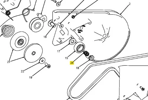 Sprężyna kosiarki WB 53S Husqvarna, metalowa, spiralna, w kolorze srebrnym. Widok z góry, pokazujący detale mocowania i kształt. Elementy z numerami części w złożonym układzie, na tle białym. Brak widocznych napisów i logo.