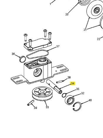 Schemat trzonka kosiarki Husqvarna WB 53S e z korpusem, dwoma śrubami, podkładkami, kołem i mocowaniem. Elementy metalowe i plastikowe, stonowane kolory, rysunek techniczny na białym tle.