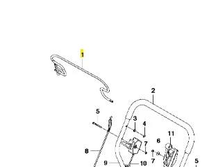Zespół ramienia pałąka do kosiarki WB 53S e Husqvarna w kolorze pomarańczowym. Prezentowany z boku, z widocznymi elementami mocującymi i detalami konstrukcji. Tło neutralne, ułatwiające dostrzeganie kształtu i detali produktu.