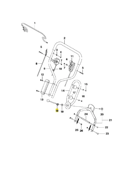 Dźwignia do kosiarki WB 53S Husqvarna, widok z boku. Części metalowe w kolorze srebrnym, z elementem plastikowym na górze. Widoczne mocowania oraz detale jak śruby i nakrętki. W tle zarys innych części maszyny na prostym tle.