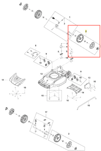 Koło zestawu kosiarki LB 144 Husqvarna w kolorze czarnym, z wyraźnymi rowkami i wypustkami. Ujęcie z boku ukazuje dwa koła w montażu. Elementy są widoczne w schemacie, na jednolitym tle, zapewniając czytelność detali.