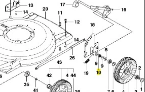 Metalowa sprężyna kosiarki WB 53S Husqvarna, okrągła, z oznaczeniami części. Widok z góry na montaż i elementy systemu koszenia: koła i uchwyty, na jednolitym tle.