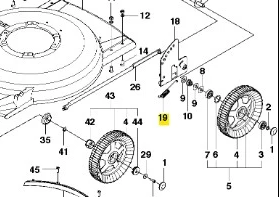 Sprężyna kosiarki WB 53S, metalowa, okrągła, widoczna na schemacie montażowym. Zbliżenie na detale, mocowania i oznaczenia. Produkt w kontekście części zamiennej, przedstawiony na jasnym tle, w otoczeniu innych elementów kosiarki.