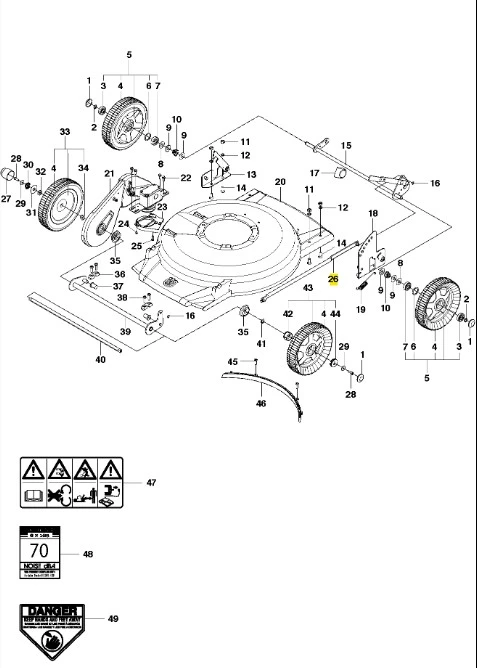 Schemat pręta kosiarki WB 53S marki Husqvarna, przedstawiający elementy mechaniczne, w tym zębatki, koła, oraz układ montażowy. Widoczne detale numerów części oraz symbole ostrzegawcze. Tło neutralne, ułatwiające identyfikację.